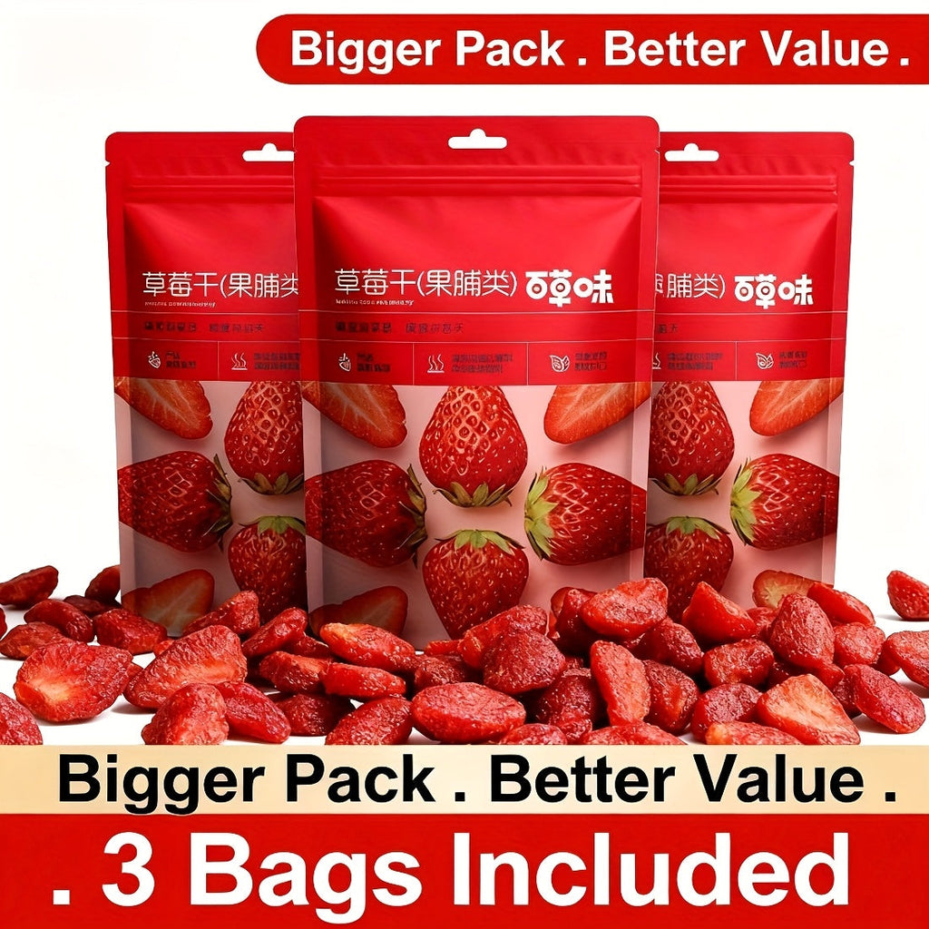 Dried Strawberry Snacks 3-Bag Pack, Low Sugar, Natural, Gluten-Free Fruit Snack for Office, Parties, and Holidays