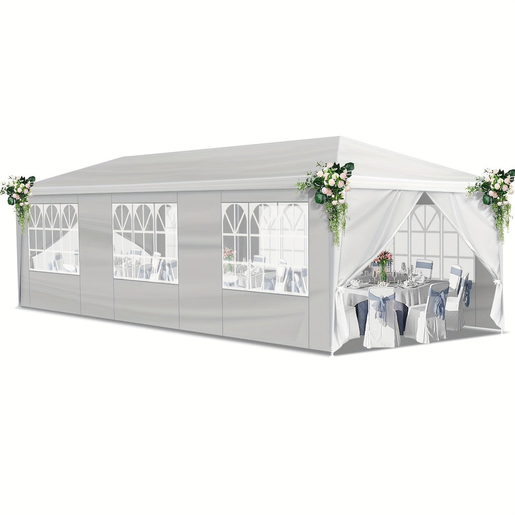 10x30 Ft Outdoor Party Tent Canopy, 8 Removable Sidewalls with Windows, Waterproof PE Cloth & Iron Frame, for Wedding, Party, Patio, Parking & Gazebo, White/Blue/Black, Accessories Included