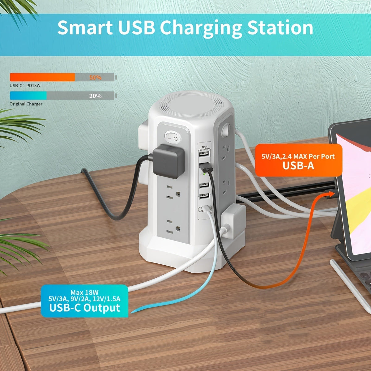 Tower Surge Protector Power Strip, 12 AC Outlets, 5 USB Ports with 18W PD USB-C Fast Charging, 10FT Extension Cord, 1800J Surge Protection, 4 Switches, for Home, Office, Desk, and Dorm Room – Space-Saving Vertical Design