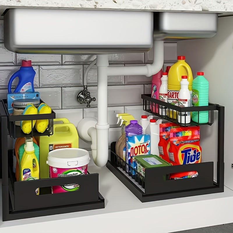 Pull-Out Under Sink Organizer, 2-Tier Slide-Out Cabinet Shelf, Kitchen/Bathroom Utility Storage Rack, Sliding Cabinet Organizer for Under Sink, Kitchen, Bathroom, or Pantry – 1 or 2 Pack Options