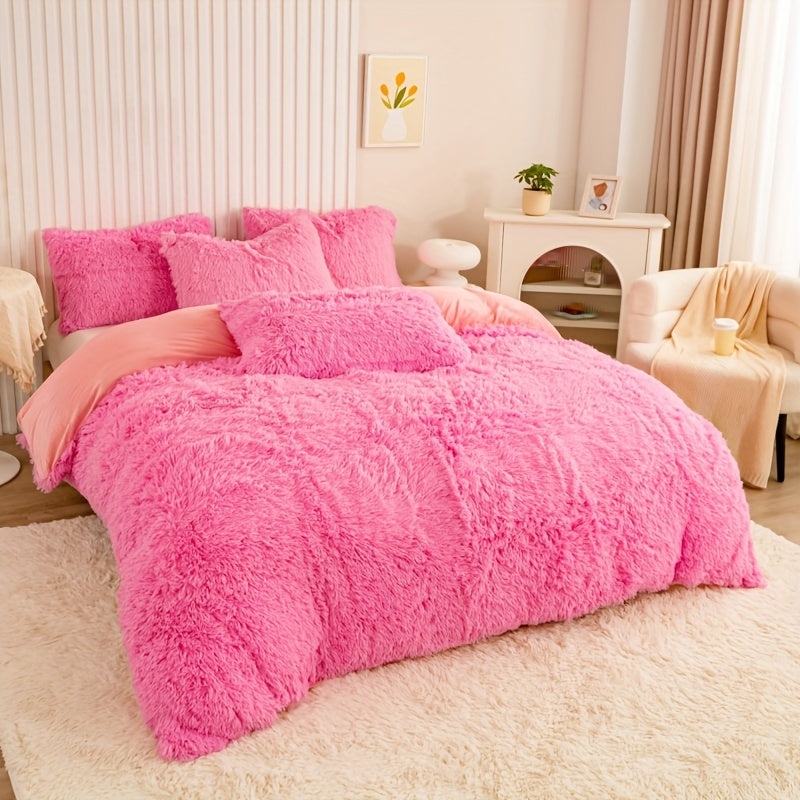 Plush Duvet Cover Set 3 Piece, Long Hair Knitted Polyester, Solid Color Fuzzy Comforter Cover with Zipper Closure, All-Season Soft Cozy Bedding Set for Bedroom, Multiple Colors Available