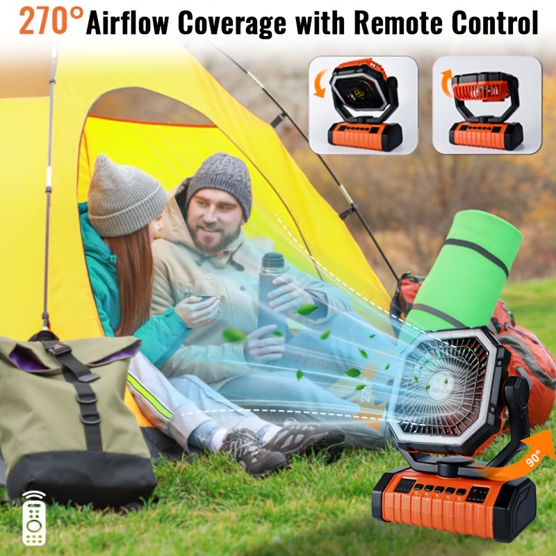 20000mAh Rechargeable Camping Fan with Built-in LED Light, Tent Hook, USB Charging, Portable Battery-Powered Outdoor Cooling Fan for Camping, Hiking, Power Outages, and Construction Sites - Orange Upgraded Model