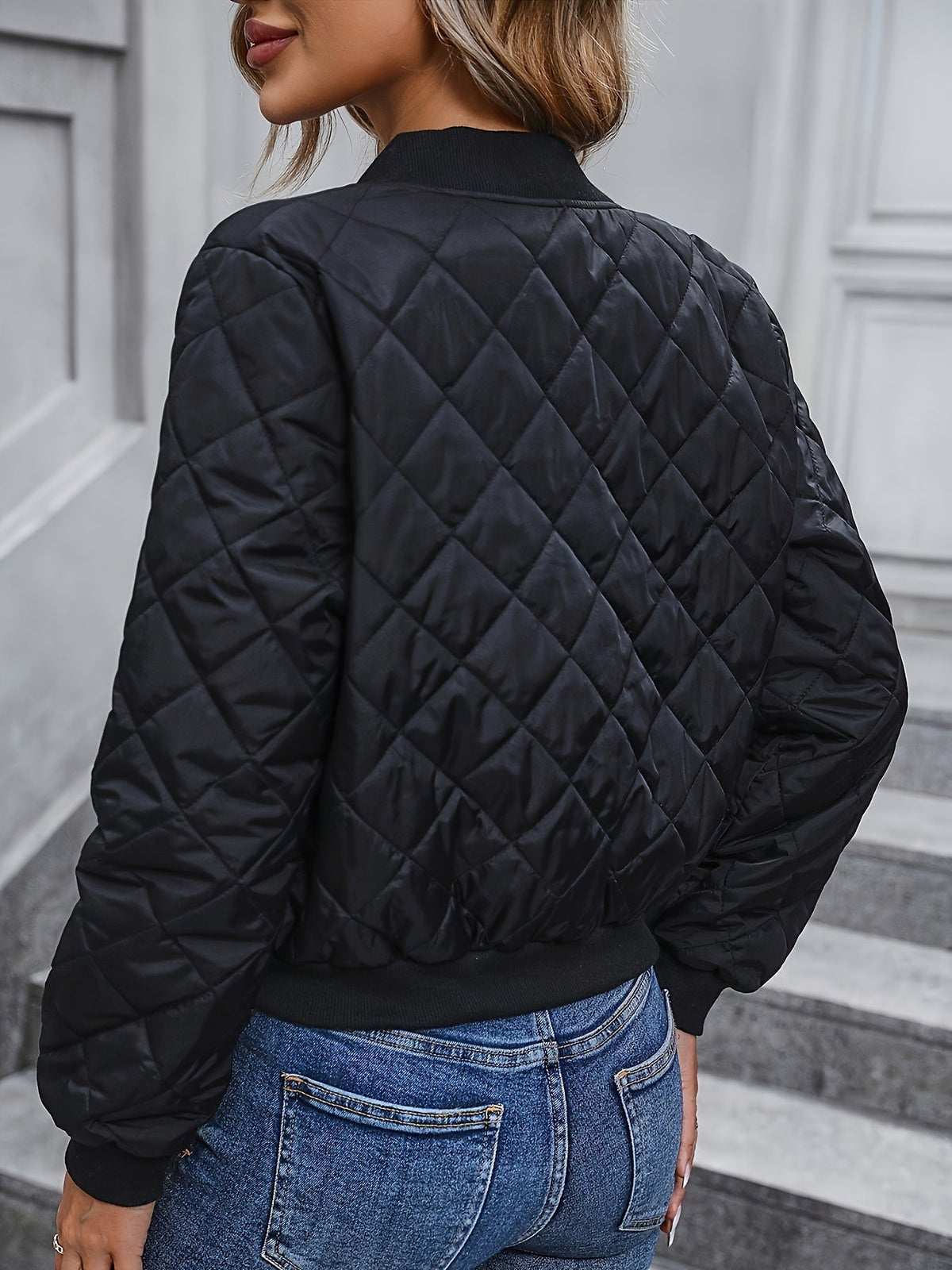 Women's Quilted Flight Jacket, Zip-Up Long Sleeve Crew Neck Flared Hem Casual Coat – Solid Color Polyester Bomber Jacket S-XXL Black Olive Green