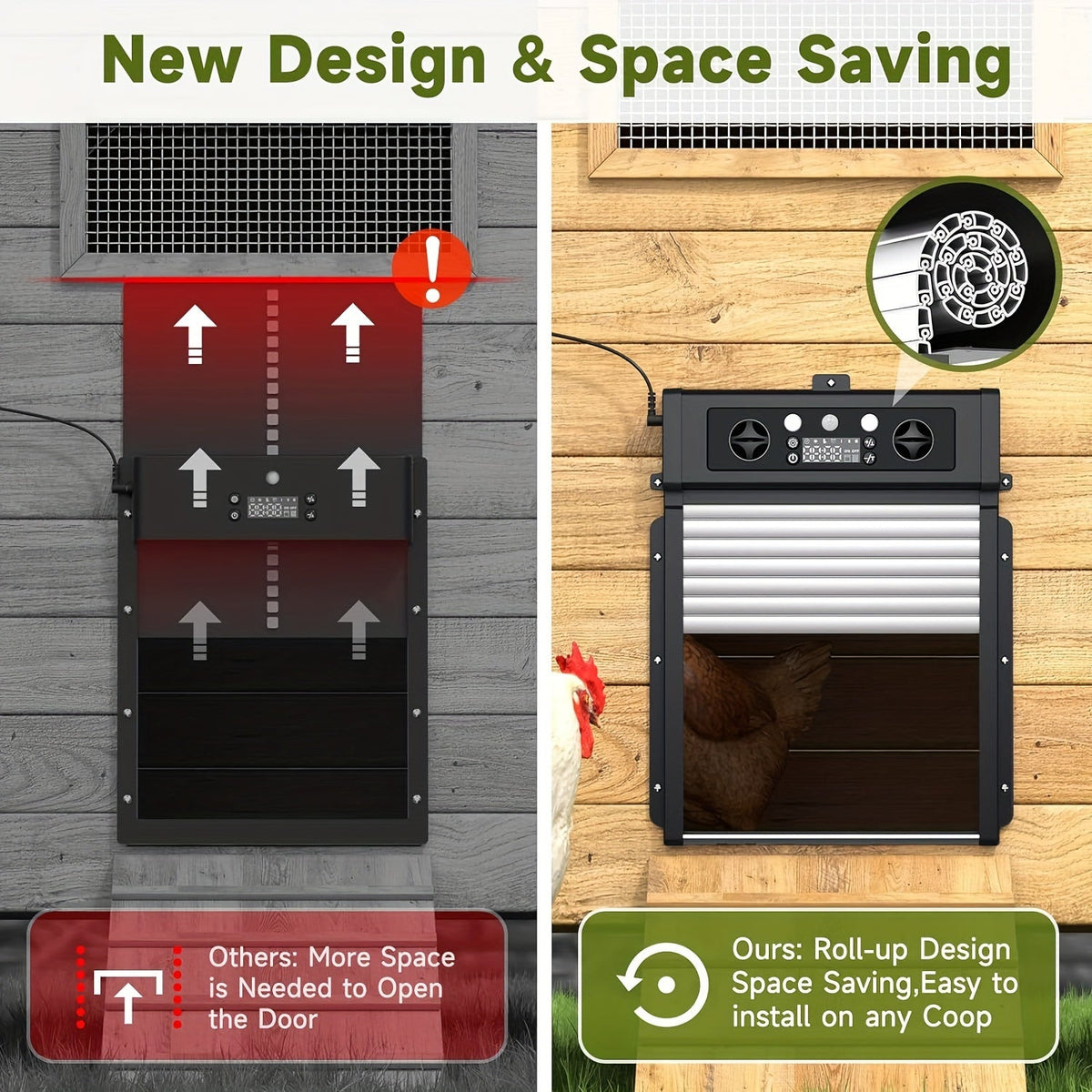 Automatic Chicken Coop Door, Solar Powered with Timer & Light Sensor – Aluminum Alloy Anti-Pinch Design, featuring a 4000mAh Battery, Solar Panel, and Remote Control for Poultry Management