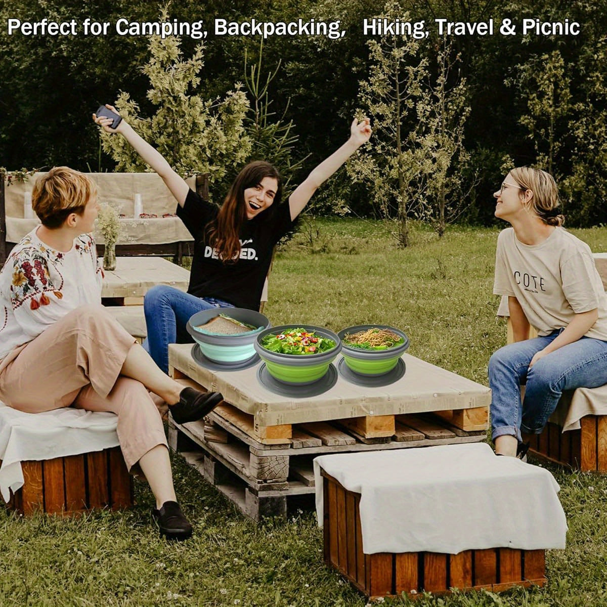 Collapsible Silicone Camping Bowls Set of 3 with Lids, Folding Utensils, and Storage Bag, Stackable Portable Food Containers for Camping, Hiking, Travel, Lunch (Blue, Pink)