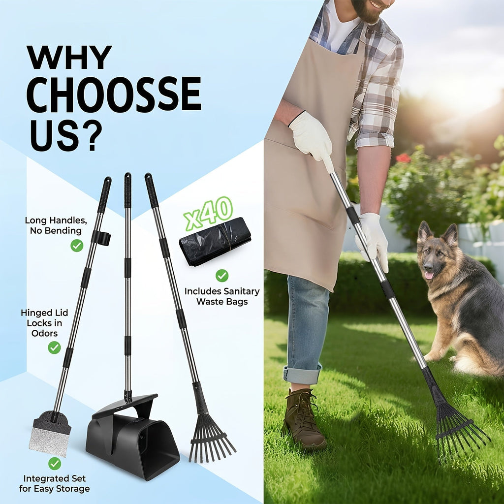 Heavy Duty Dog Pooper Scooper Set with Swivel Bin, Rake & Spade – Long Handle Pet Waste Removal Tool for Grass, Dirt & Gravel, Includes 40 Waste Bags, Great for Large Dogs