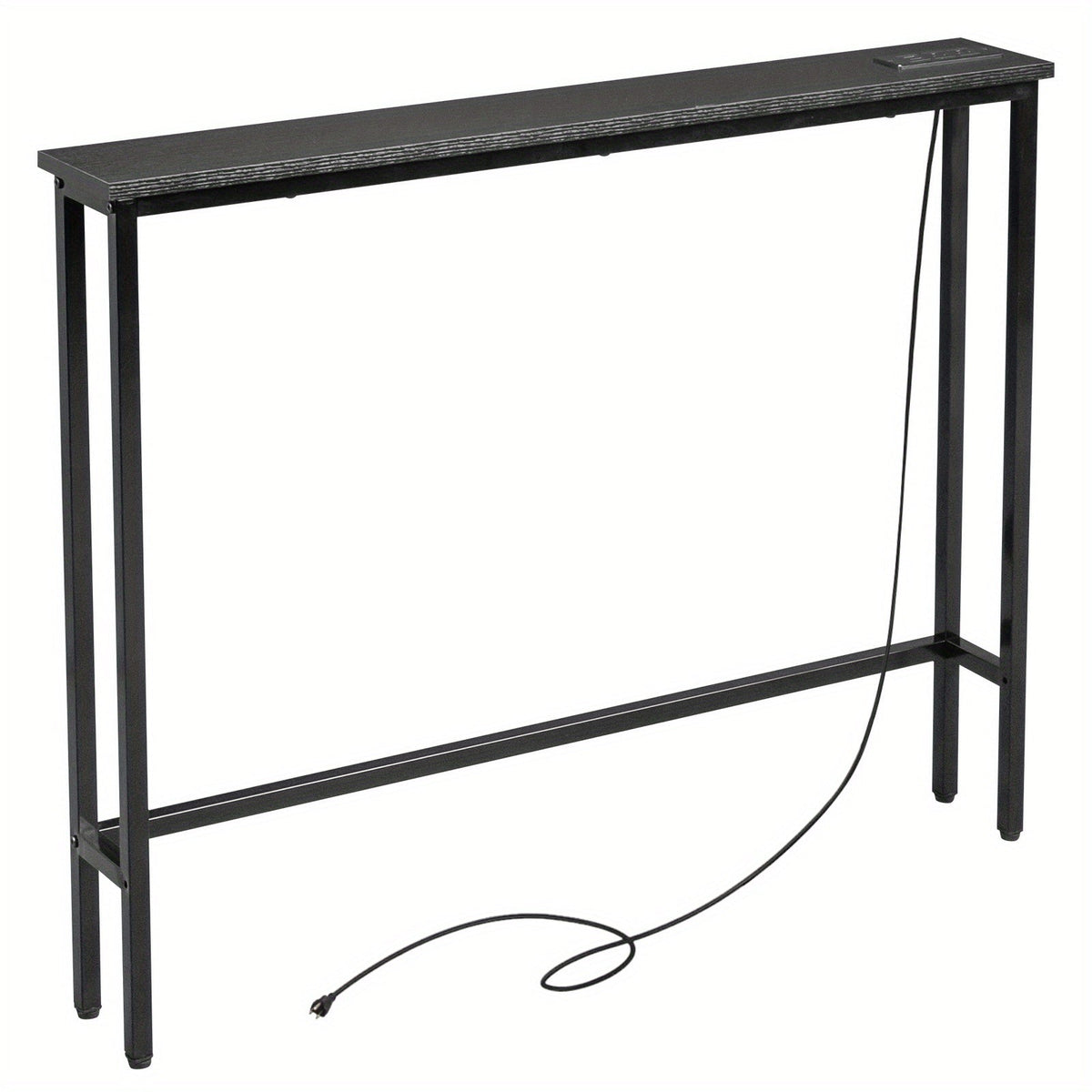 Narrow Console Table with Charging Station – Built-In Outlets USB Ports Metal Frame Slim Sofa Table 39.4" / 78.7" for Living Room Apartment in Rustic Brown Oak Black