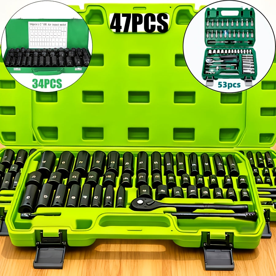 Impact Socket Set CR-V SAE & Metric 6-Point with Ratchet Handle and Extension Rod – Choose 34pc 1/2" Drive, 47pc 3/8" Drive, or 53pc Tool Set for Car Repair, Home Maintenance & Professional Use