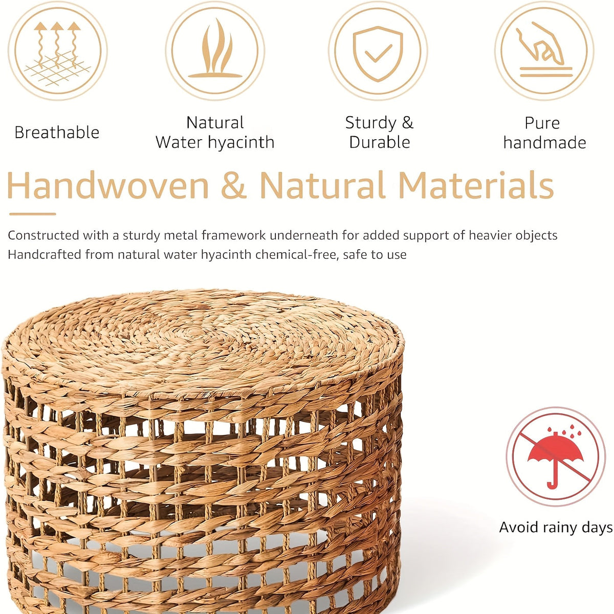 Handwoven Water Hyacinth Outdoor Side Tables Set of 2 Round Patio End Tables for Garden Backyard Porch & Indoor Plant Stands – Natural Seagrass Weave, High & Low Styles, Pro Option Available