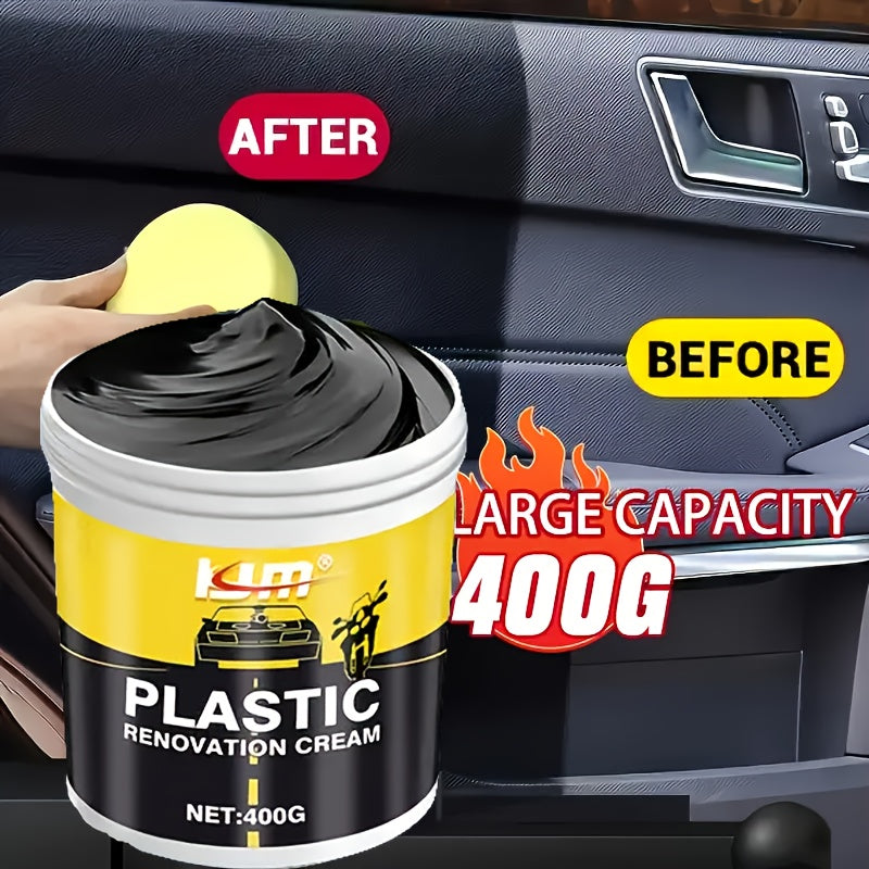 Car Plastic & Rubber Repair Cream All-in-One Trim Restorer Scratch Remover Tire Shine Wax, Anti-Cracking Anti-Aging Formula for Interior & Exterior Car Detailing, Includes Sponge
