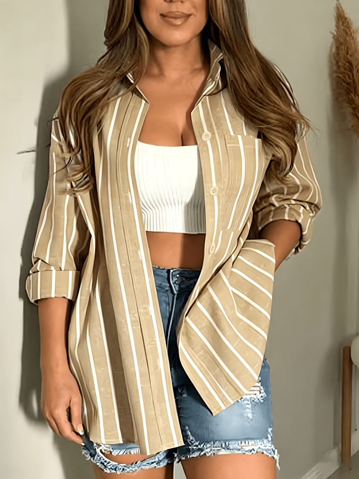 Women's Striped Oversized Long-Sleeve Button-Down Shirt – Loose Casual Lapel Blouse with Pocket, Classic Vertical Stripe Top Blue Pink Khaki S-XXL