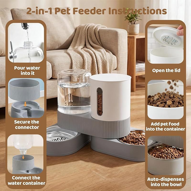 Gravity Cat Feeder 2 Pack - Automatic Food Feeder and Water Dispenser Set with Detachable Pet Bowl & Silicone Mat for Cats, Small to Medium Dogs, Large Capacity Gravity-Fed No Electricity Needed Pet Feeding Station