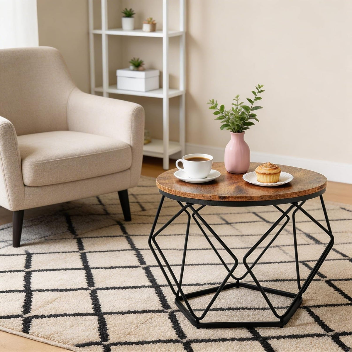 Set of 2 Modern Round Nesting Coffee & Side Tables with Hidden Storage Sturdy Geometric Frame for Bedroom & Living Room