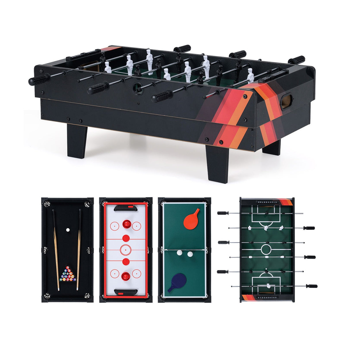 4-in-1 Multi-Game Table, Billiards, Air Hockey, Foosball & Ping Pong, Stackable Surfaces, Slanted Stabilizing Legs, All Accessories Included, 32"x17"x12", Natural/Black