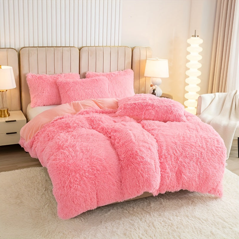 Plush Duvet Cover Set 3 Piece, Long Hair Knitted Polyester, Solid Color Fuzzy Comforter Cover with Zipper Closure, All-Season Soft Cozy Bedding Set for Bedroom, Multiple Colors Available
