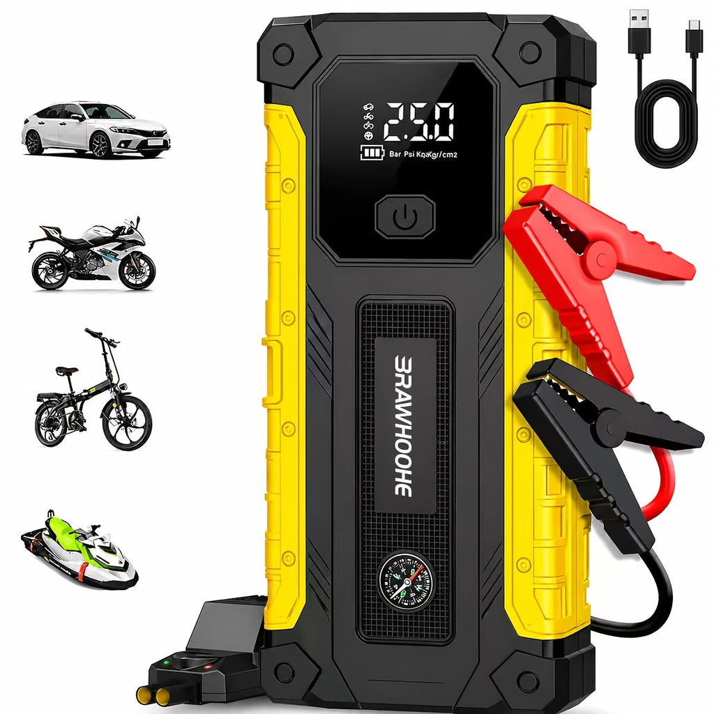 3000A 9-in-1 Car Jump Starter with Built-in Tire Inflator, USB Ports & LED Emergency Light – 12V Portable Wireless Battery Booster for Cars, Trucks & SUVs – Roadside Emergency Tool – Velora