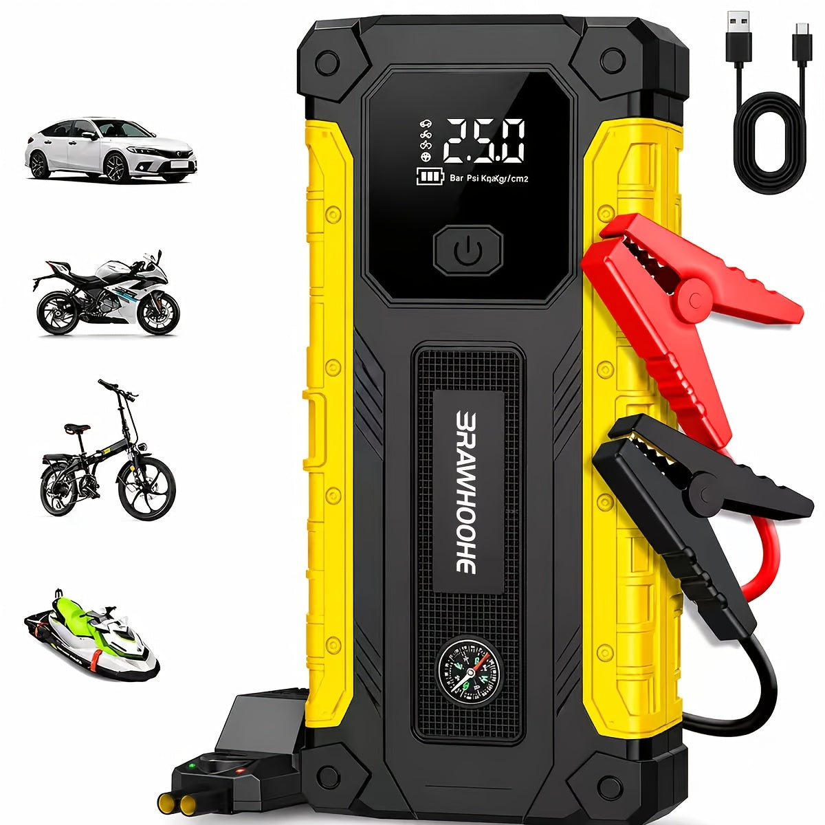 3000A 9-in-1 Car Jump Starter with Built-in Tire Inflator, USB Ports & LED Emergency Light – 12V Portable Wireless Battery Booster for Cars, Trucks & SUVs – Roadside Emergency Tool – Velora