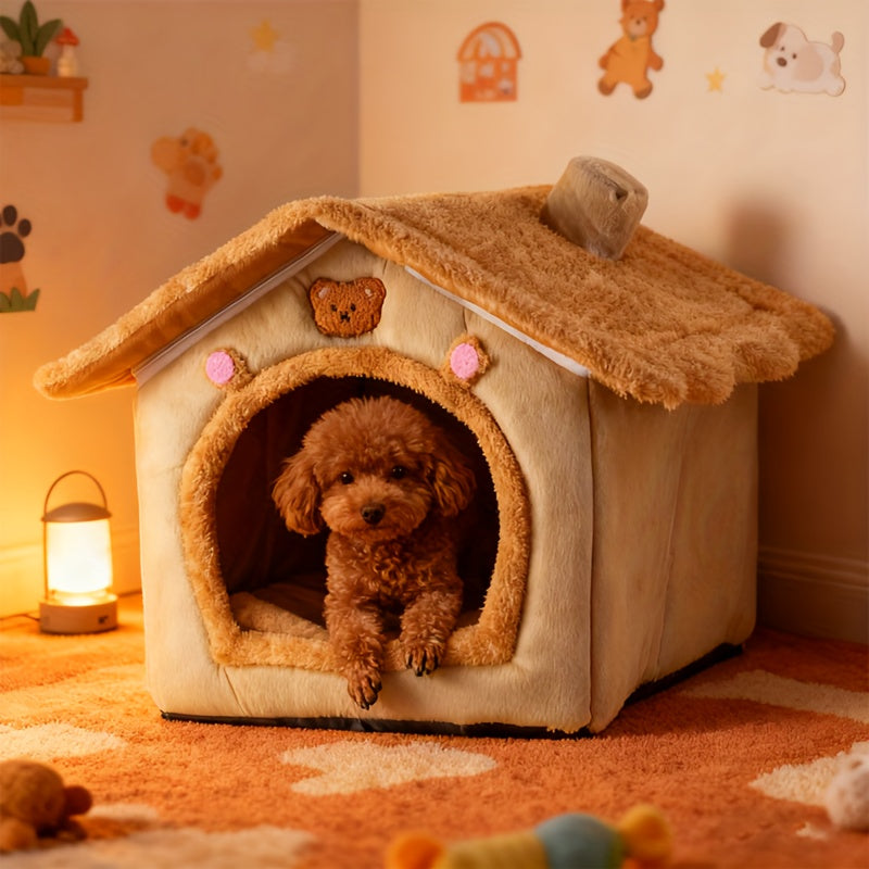 Cute House Dog Bed for Small Dogs - Warm Winter Plush Thick Cushion Pet House Bed for Teddy, Chihuahua, Pomeranian, Bichon, Schnauzer, and Bulldog, Indoor Cozy Sleeping Nest