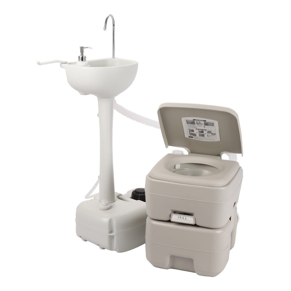 Portable Outdoor Hand Sink & Toilet Set HDPE No-Tool Assembly Pedal Design 3L Tank for Camping Worksite Boating & Outdoor Events – White
