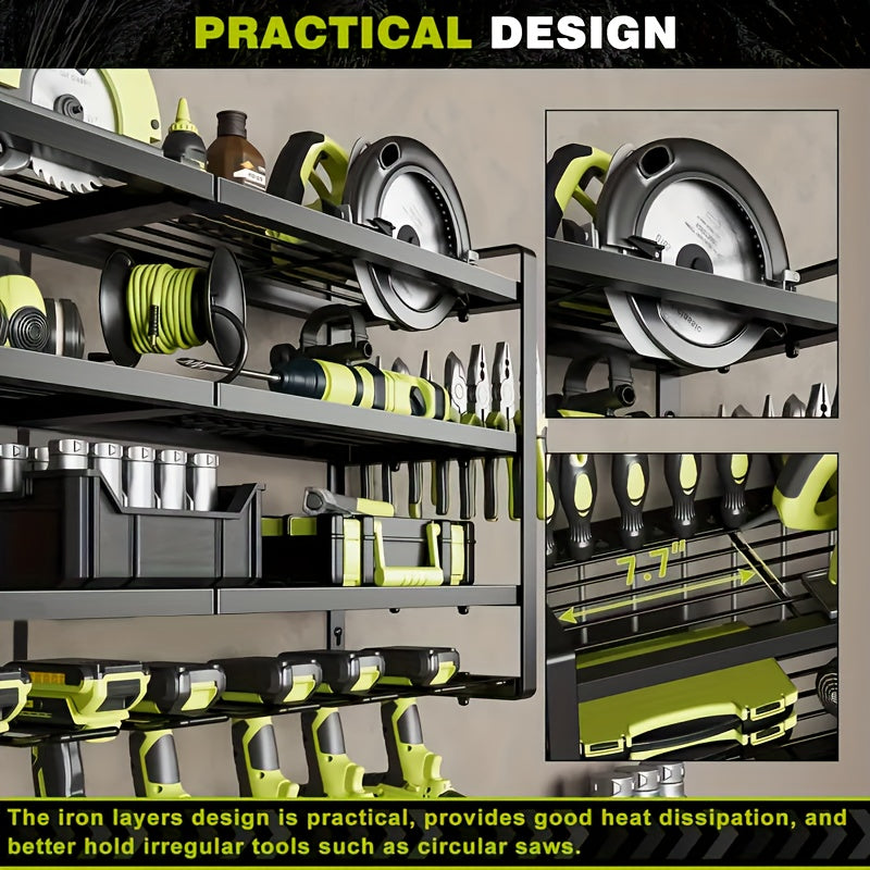 Wall-Mounted Electric Tool Storage Rack - 4-Layer, 8 Drill Bit Holders - Garage & Workshop Shelf - Men's Gift - Red, Yellow, Green & Black