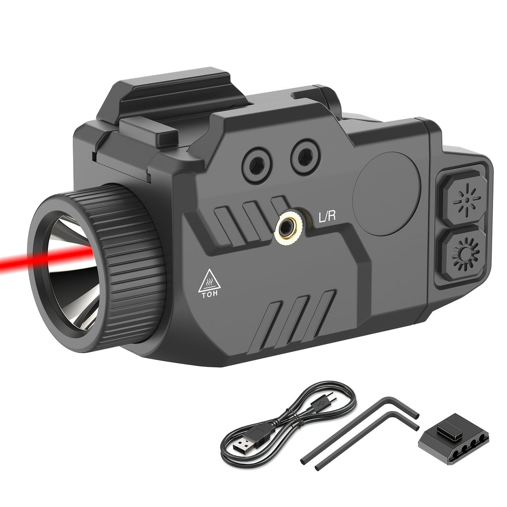 SL1085 750LM Tactical Pistol Light and Red Laser Combo, fits full-size and compact Picatinny rails, shockproof rechargeable weapon light with strobe function - adjustable laser sight for handguns