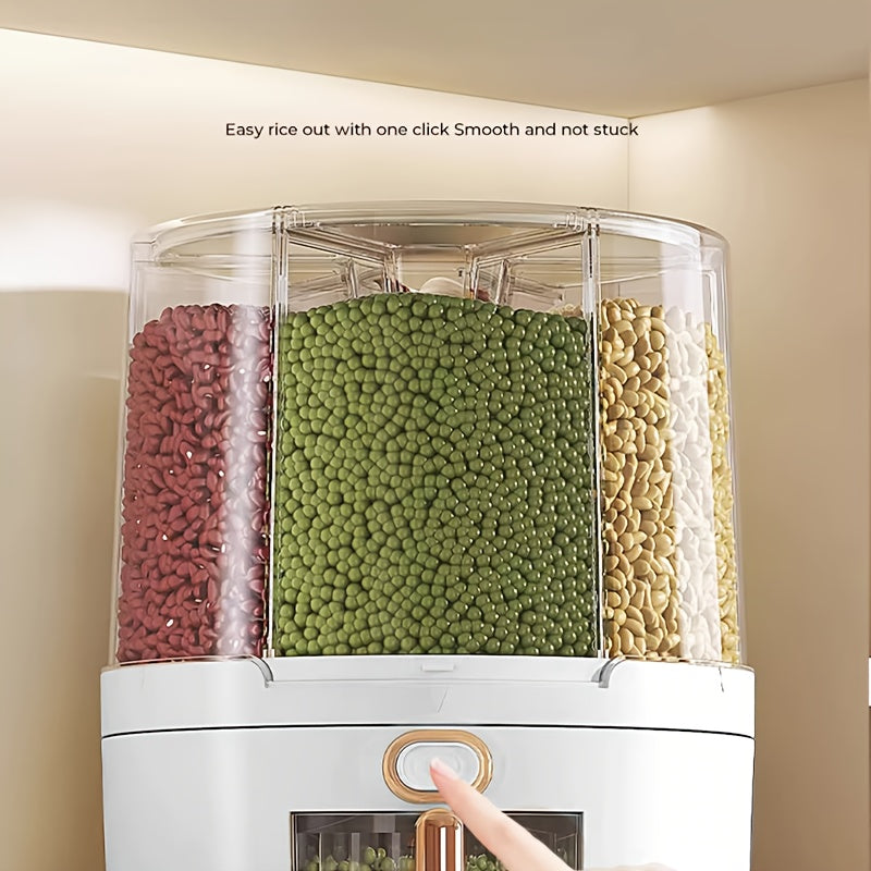 Rotating Cereal Dispenser 6-Grid Large Capacity Airtight Rice Storage Container, Moisture-Proof Insect-Proof Grain Dispenser with Transparent Window & Press Button, Food-Grade PP for Rice, Grains, and Flour