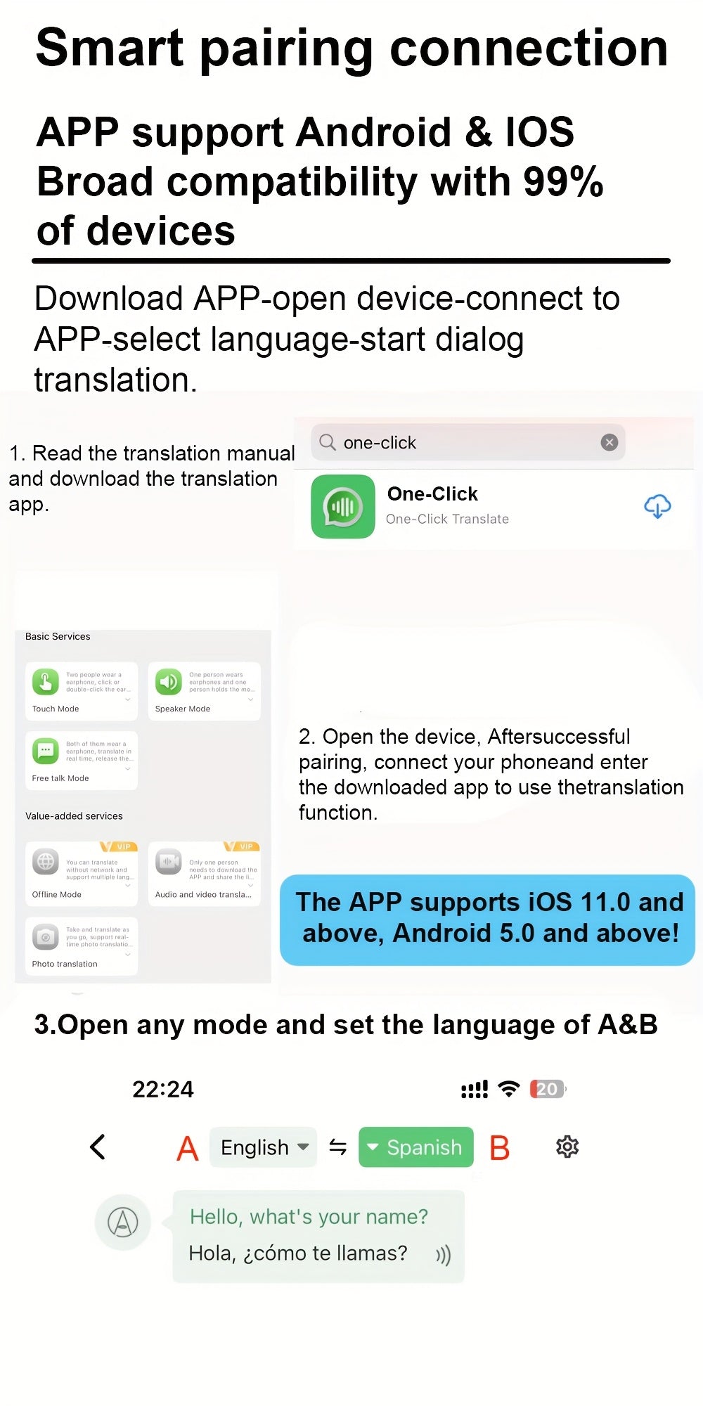 Portable Two-Way Instant Voice Translator Device with App Connectivity, Supporting 137 Languages, High Accuracy for Travel, Business, and Learning, Includes Headphones