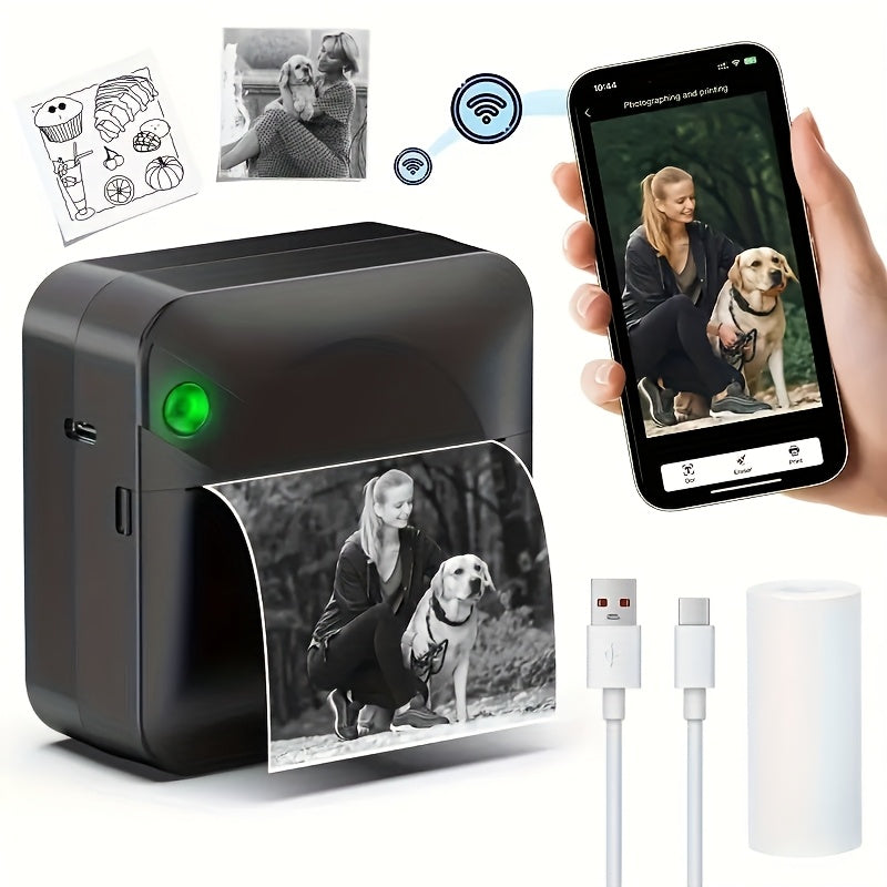 Portable Wireless Bluetooth Thermal Printer, Mini Pocket Printer, Ink-Free for Smartphones, Photos, Notes, Stickers, Diaries, Memos, Includes Thermal Paper Roll