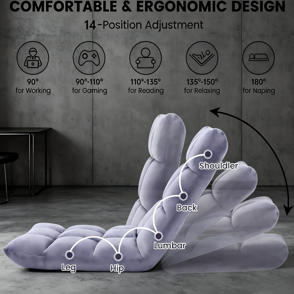 Adjustable Foldable Floor Chair Thick Padded Plush – 14-Position Lazy Sofa Gaming Reading Meditation Yoga Lounger for Bedroom Dorm Apartment