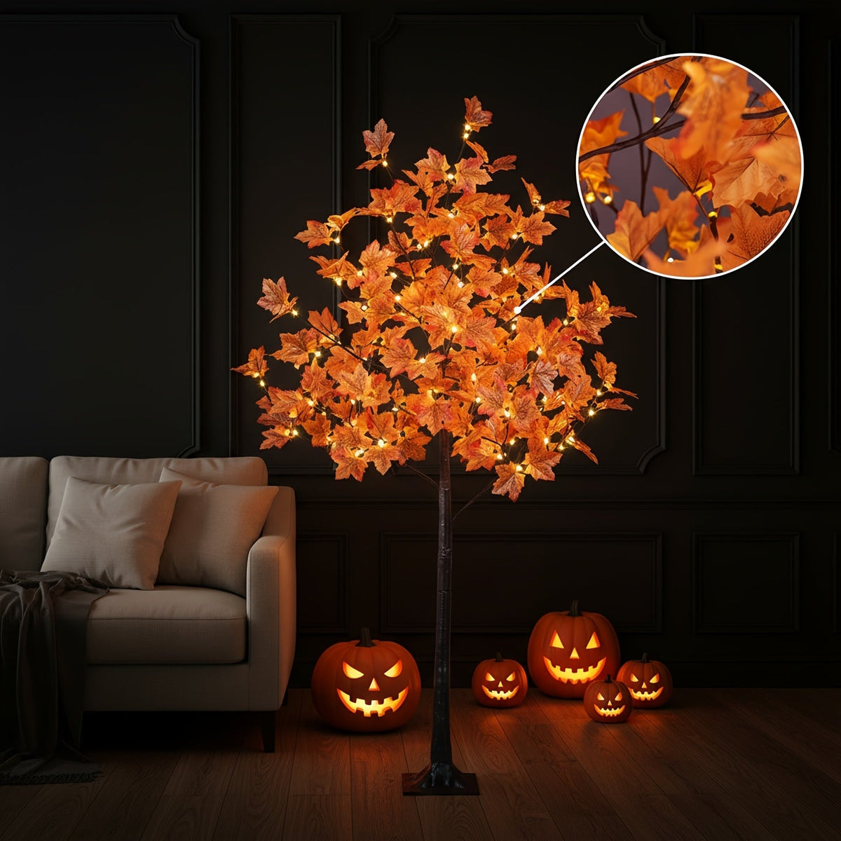 Artificial LED Lighted Fall Maple Tree – 5ft or 6ft Indoor Autumn Tree for Fall Décor, Thanksgiving, Party & Home Decoration, Warm Glowing Faux Maple – Nova Mart