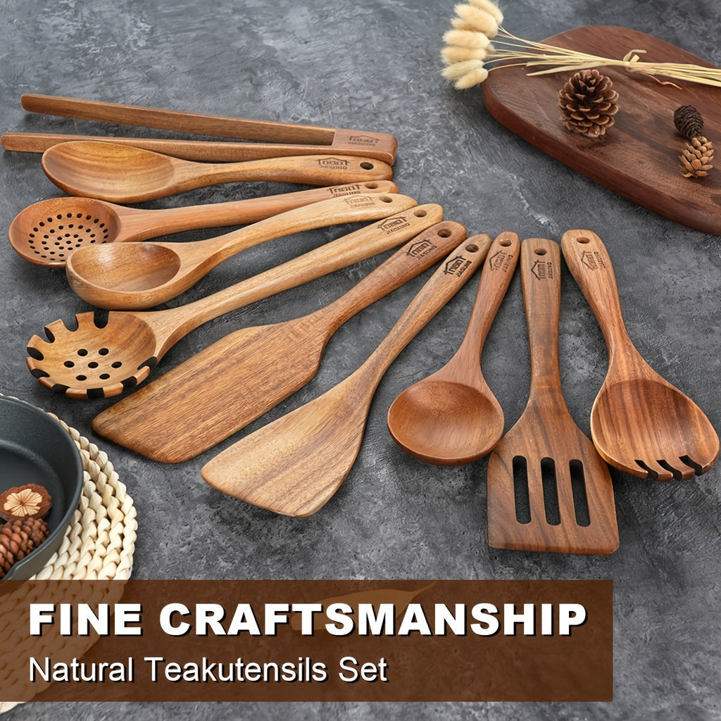 10-Piece Natural Teak Wooden Kitchen Utensils Set - Cooking Spoons, Spatulas & Turner, Non-Stick Safe, Heat Resistant, Eco-Friendly Wood Cookware Tools for Home Kitchen