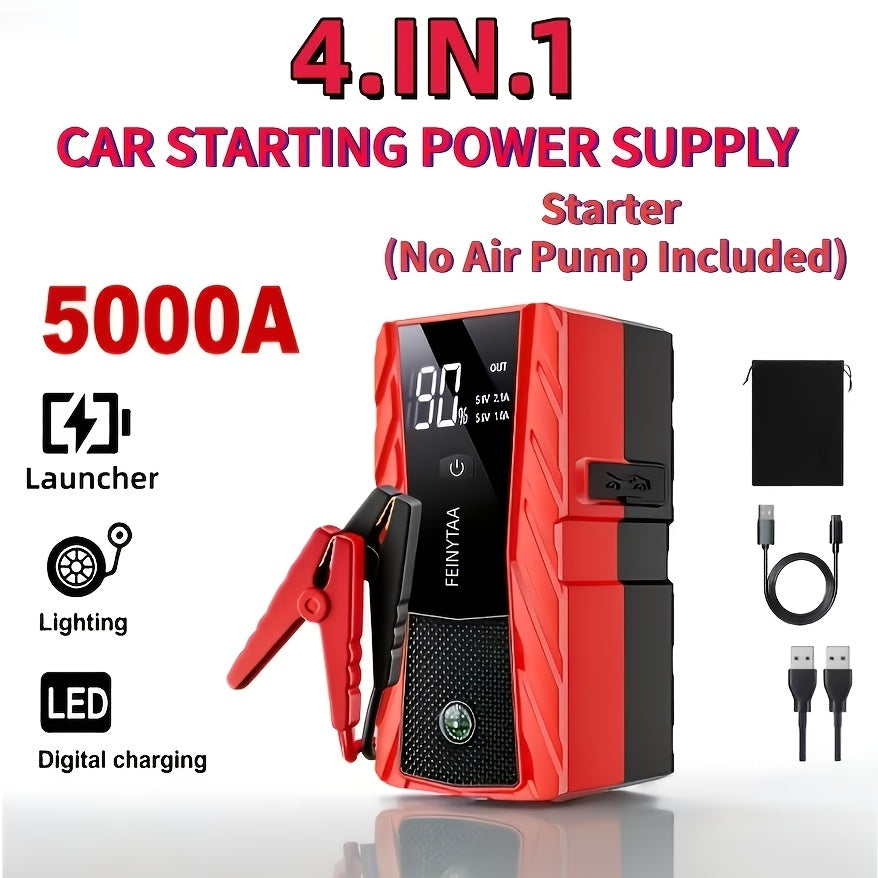 Jump Starter with Digital Tire Inflator, 5000A/10000A Peak, Multi-Function Car Jump Box with Smart Battery Clamps, LED Flashlight, and Power Bank, Emergency Kit for Car, RV, and Motorcycle