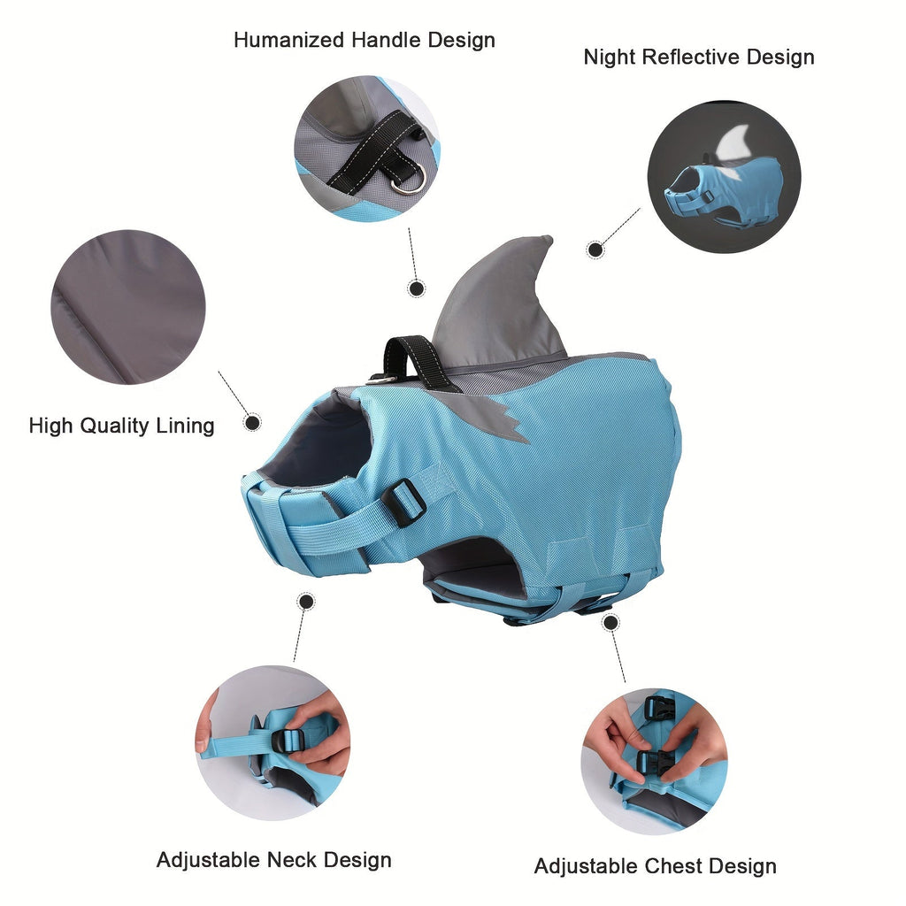 Shark Shape Dog Life Jacket for Swimming, Reflective Adjustable Pet Safety Vest with Rescue Handle for Small to Large Dogs, Lightweight Dog Life Preserver for Pool, Beach, Lake, and Boating, XS to XXL