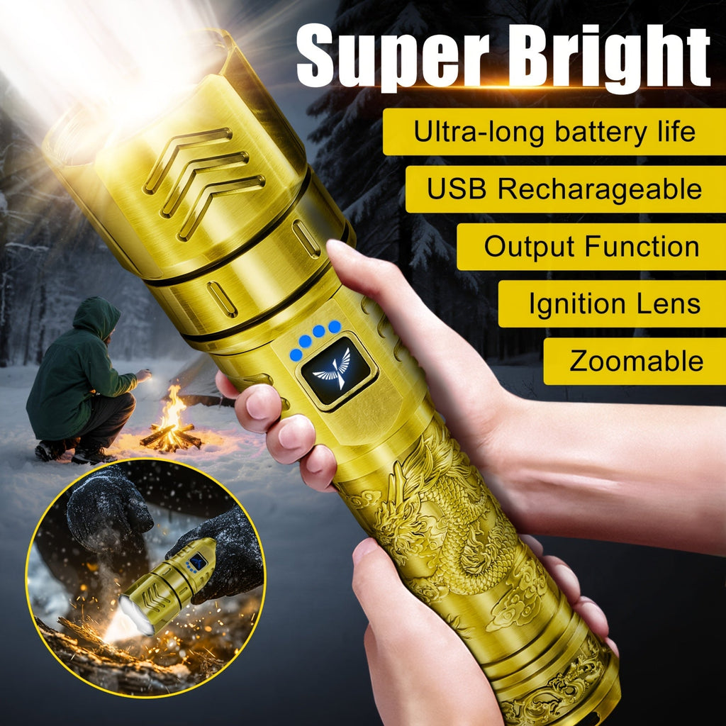 SKYFIRE LED Rechargeable Flashlight 4000mAh Golden Dragon Pattern Ignition Lens Zoom & 4 Modes for Camping Outdoor & Household Use – Gold