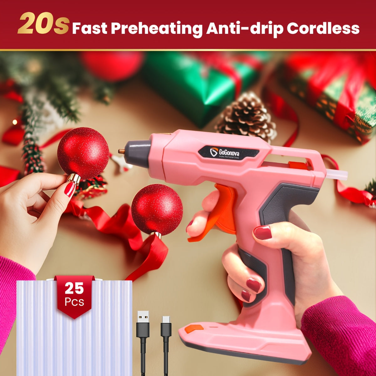 Cordless Hot Glue Gun, USB Rechargeable with 25 Glue Sticks – 20-Second Fast Heating, Anti-Drip Safety Design for DIY Crafts, Home Repairs, Plush Toy Restoration, and Handmade Projects – Pink, Grey, Blue