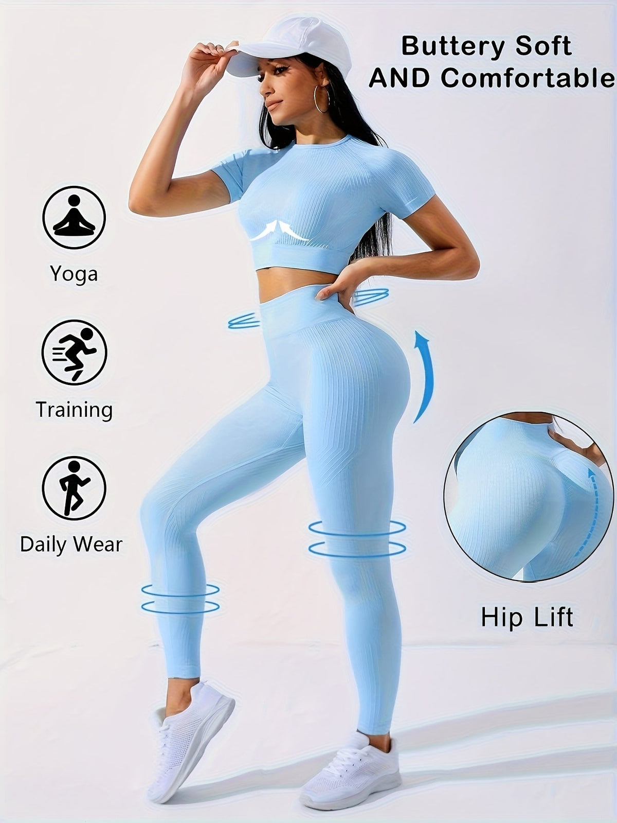 Women's 2-Piece Workout Set - Yoga Crop Top & High-Waisted Leggings, Crew Neck Medium-Stretch Solid Color All-Season Activewear for Gym Fitness Pilates Running, Sizes XS-XL