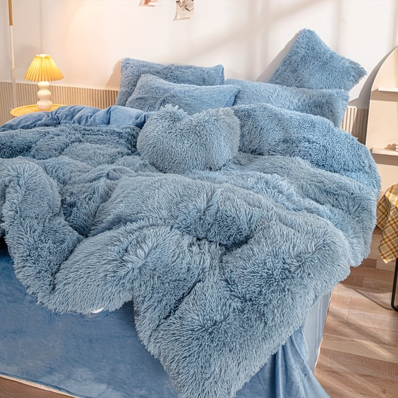 Plush Duvet Cover Set 3 Piece, Long Hair Knitted Polyester, Solid Color Fuzzy Comforter Cover with Zipper Closure, All-Season Soft Cozy Bedding Set for Bedroom, Multiple Colors Available
