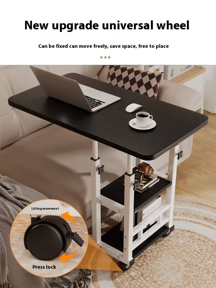 Height Adjustable Rolling Laptop Table with 4 Wheels & Dual Shelves – Mobile Workstation Desk for Bedside, Dorm, Office, and Living Room, Sturdy Steel Frame, Space-Saving Design