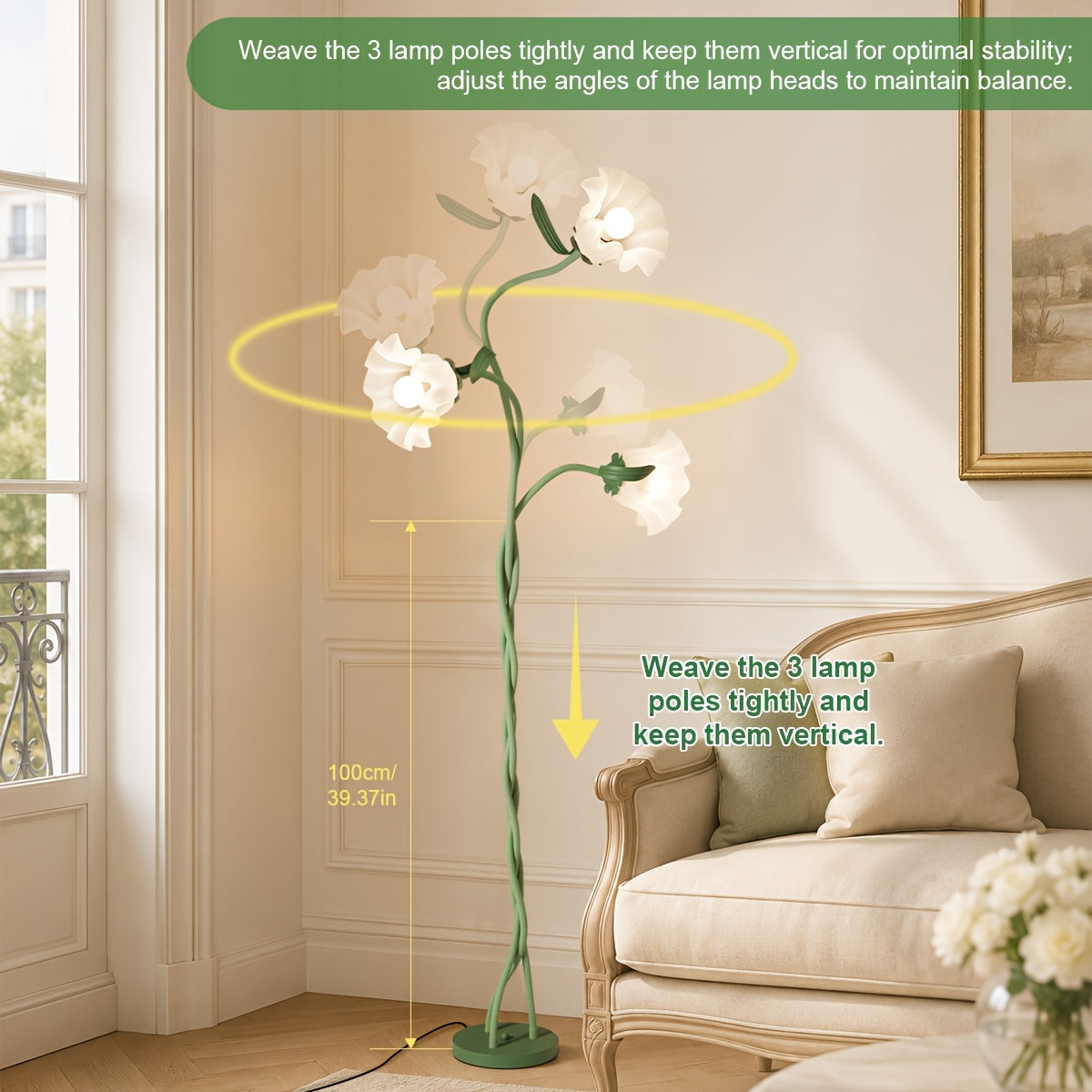 Modern Art Flower Floor Lamp – Flexible Arm LED Corner Lamp with 3 Color Temperatures & 3 Bulbs for Bedroom Living Room Study Hotel Decor