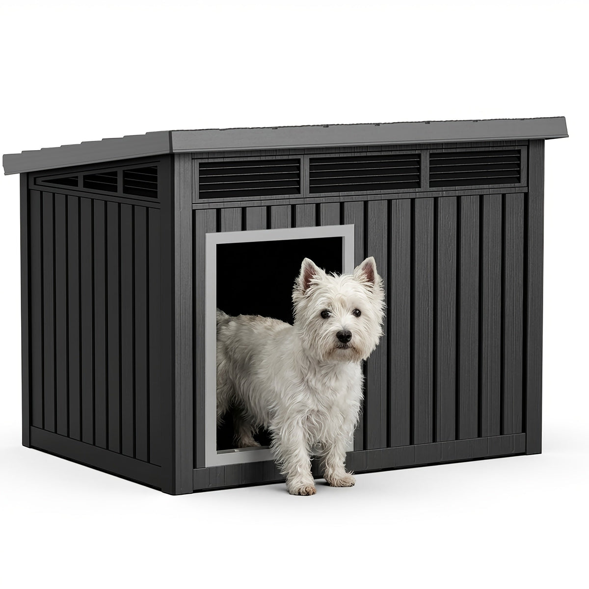 XXXL Outdoor Resin Dog House, Slant-Roof with Gas-Lift Ventilated Canopy, StormProof UV-Resistant All-Weather Shelter for Large Dogs & Multi-Pet Households, Indoor Outdoor Dog Villa, Quick Assembly