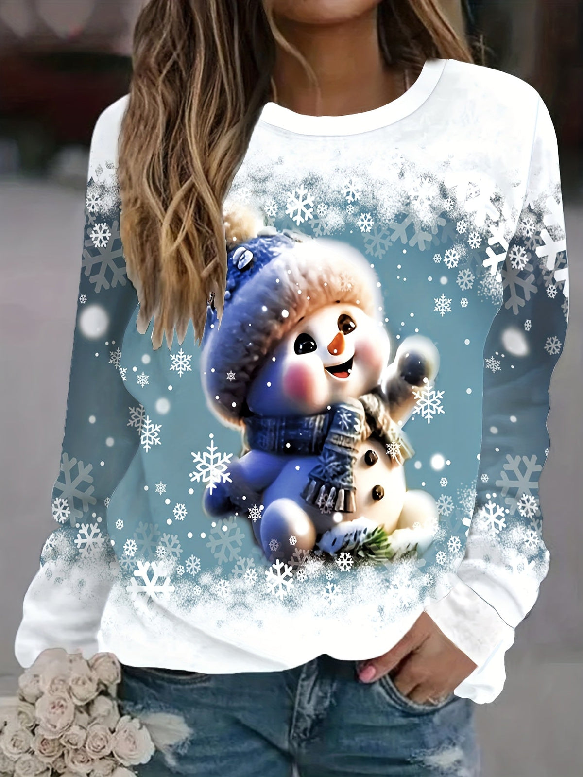 Women's Christmas Print Crew Neck Long Sleeve Loose Pullover Sweatshirt Holiday Festive Casual Tops US Warehouse