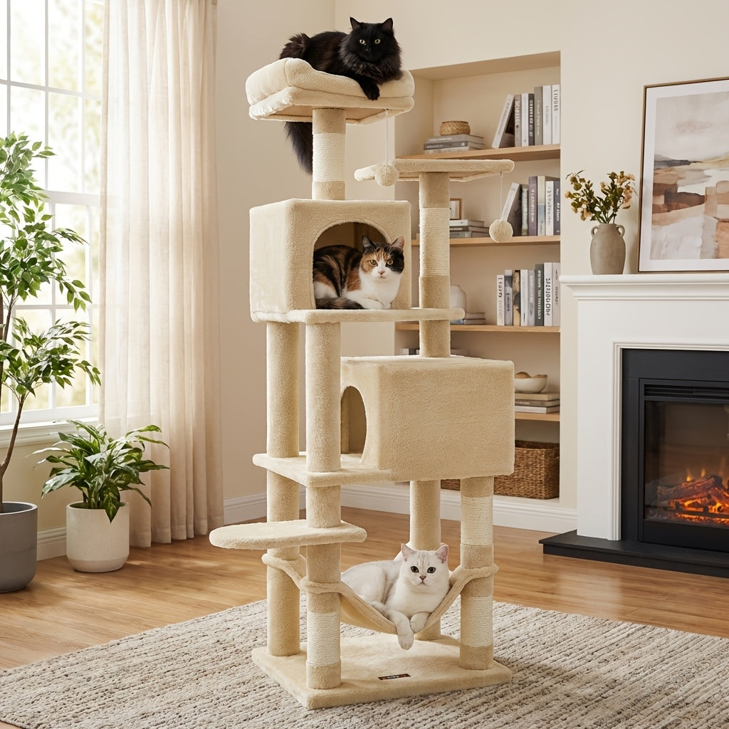 61-Inch Multi-Level Cat Tree Tower – Plush Cat Condo with 5 Scratching Posts 2 Perches 2 Caves Hammock & Pompoms for Indoor Cats in 7 Colors