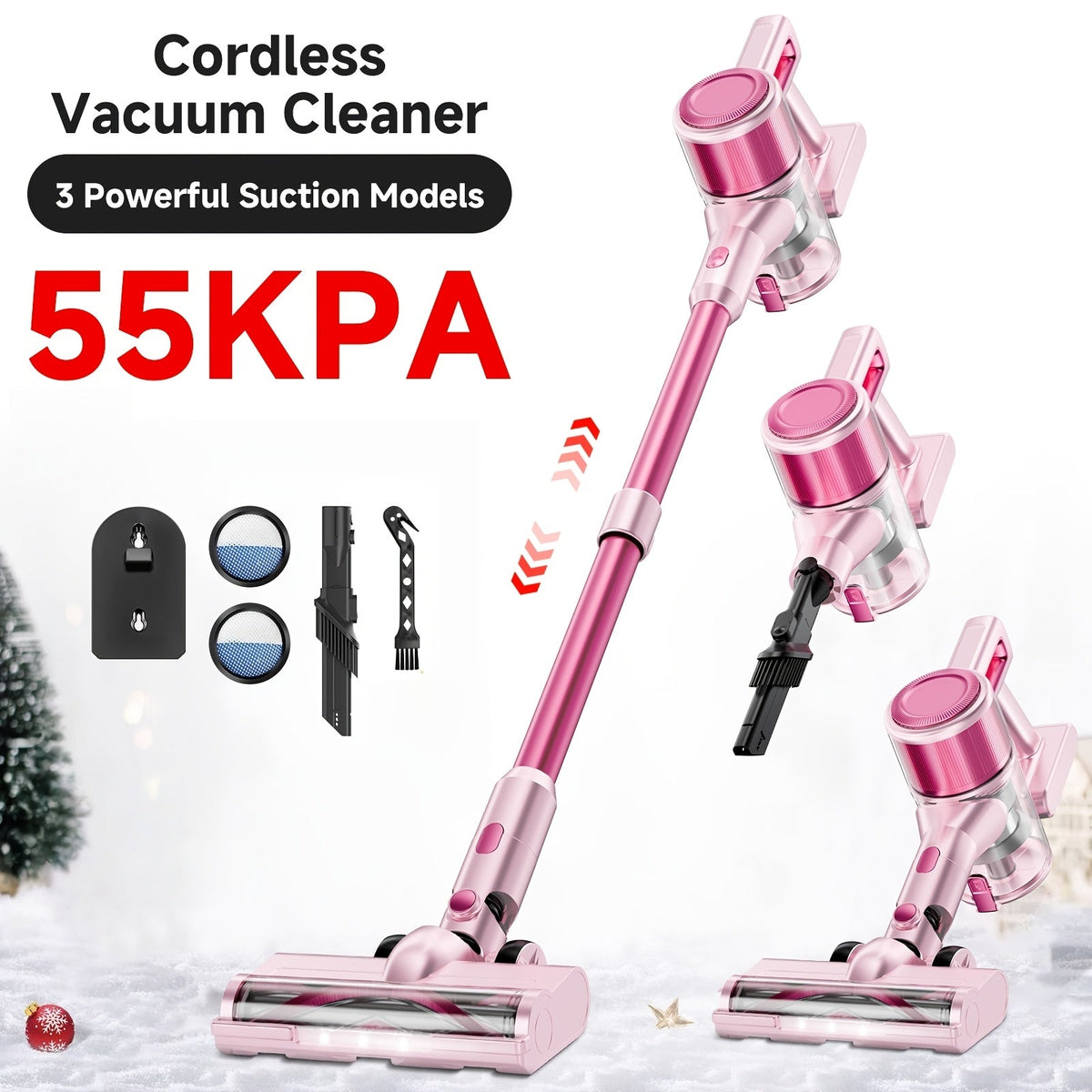55KPa Cordless Stick Vacuum Cleaner 8-in-1 – Lightweight Powerful Handheld Vacuum with LED Light for Hardwood Carpet Floor Pet Hair Home Car