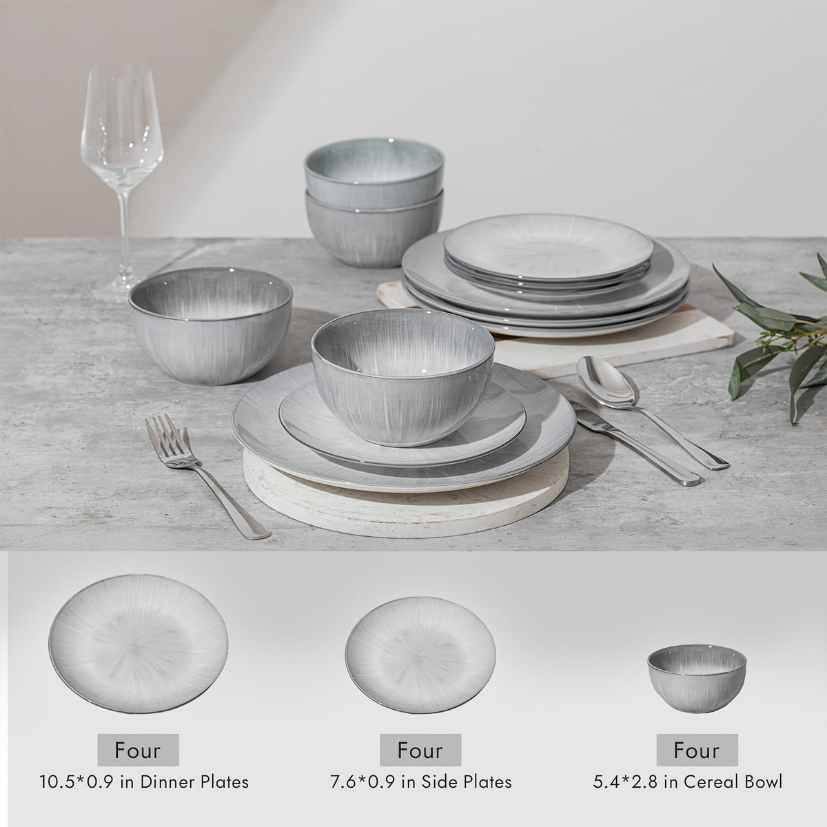 Kingstone 12-Piece Porcelain Dinnerware Set Service for 4 Hand-Painted Round Plates & Bowls Microwave & Dishwasher Safe – Holiday Christmas Gift