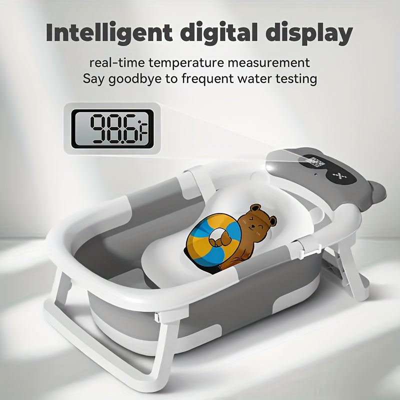 Foldable Baby Bathtub with Temperature Monitor, Portable Non-Slip Travel Bath Tub for Newborn to Toddler, Durable Collapsible Design for Home & Travel, Gray