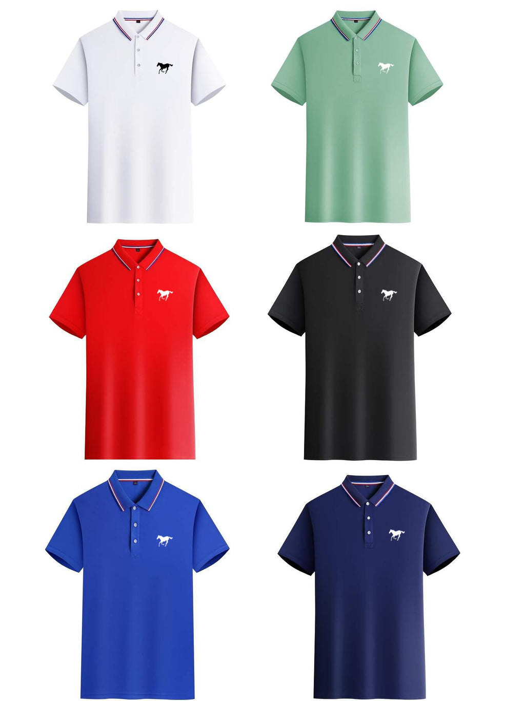 5-Piece Men's Polo Shirt Set - Solid Short Sleeve, Horse Print & Contrast Collar - Breathable Casual, Golf & Daily Wear - S–XXL - White, Black, Red, Navy Blue & Bean Green