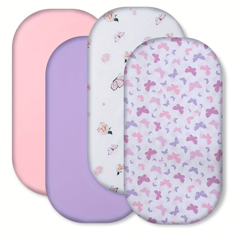 4-Piece Bassinet Fitted Sheet Set, 100% Polyester Soft Baby Sheets in Dinosaur & Lion and Flowers & Butterfly Prints, Blue & Navy Nursery Decor for Newborn Boys & Girls