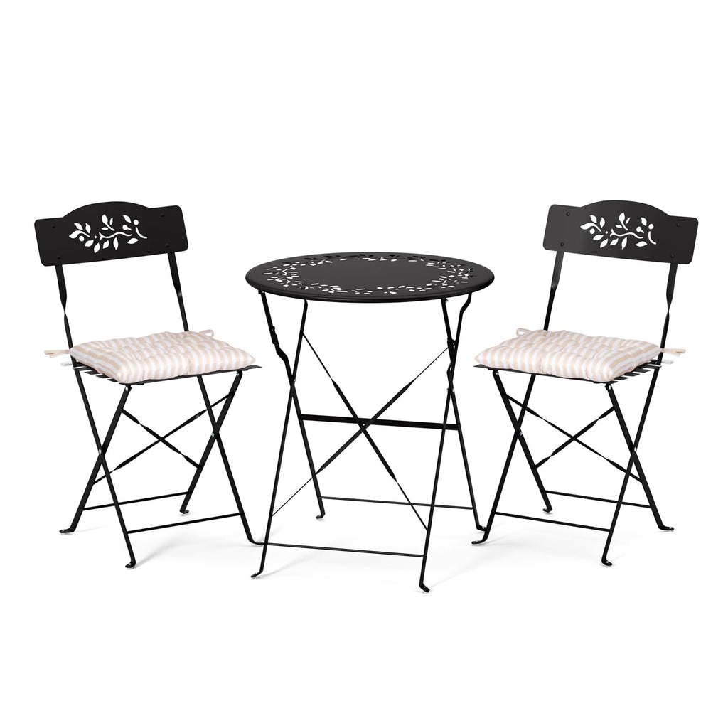 3-Piece Outdoor Folding Bistro Set, Bistro Table & 2 Chairs, Olive Leaf Cutout Design, Cushions Included, Foldable Patio Furniture, for Balcony, Garden, Porch & Yard, Pink/Black/Green/Yellow