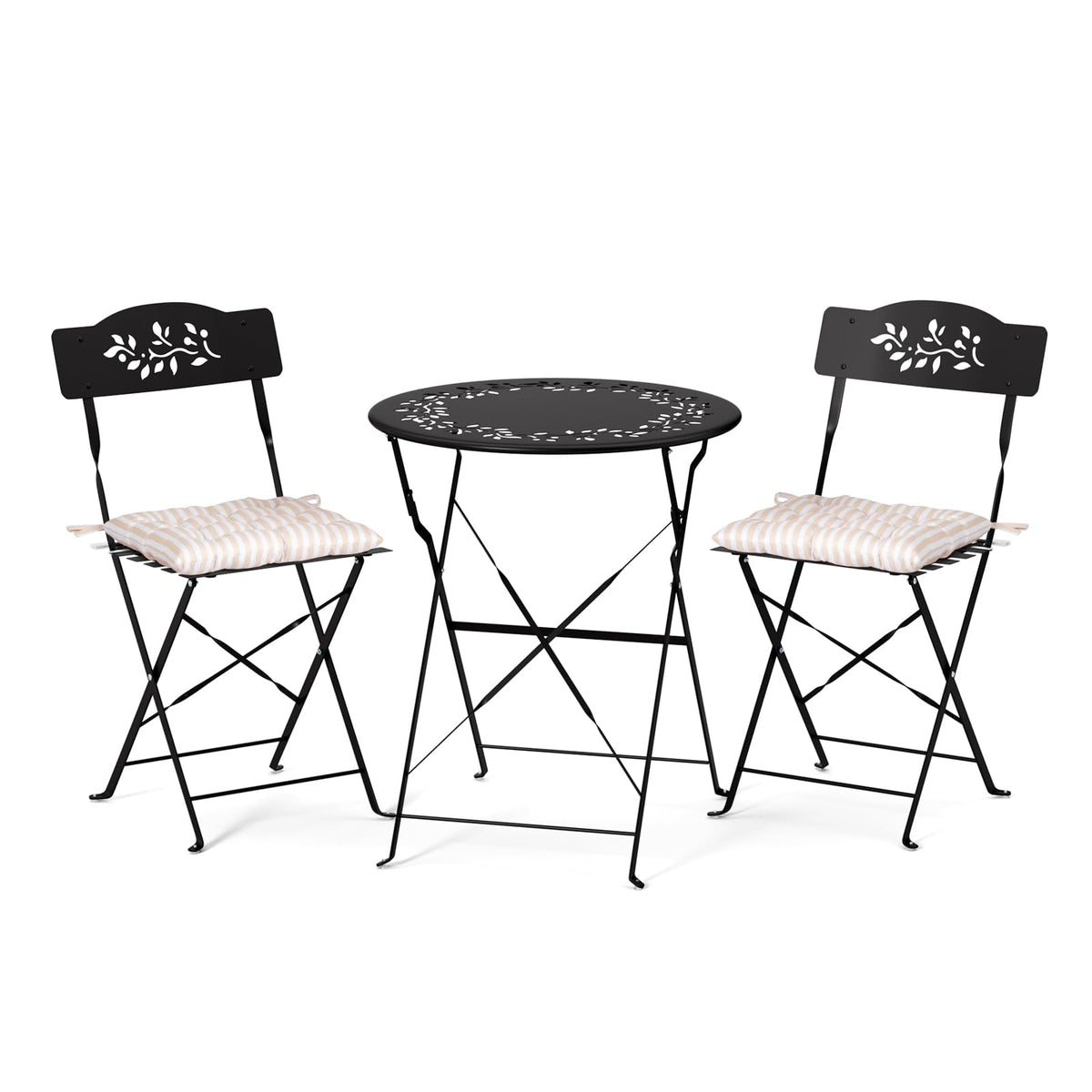 3-Piece Outdoor Folding Bistro Set, Bistro Table & 2 Chairs, Olive Leaf Cutout Design, Cushions Included, Foldable Patio Furniture, for Balcony, Garden, Porch & Yard, Pink/Black/Green/Yellow