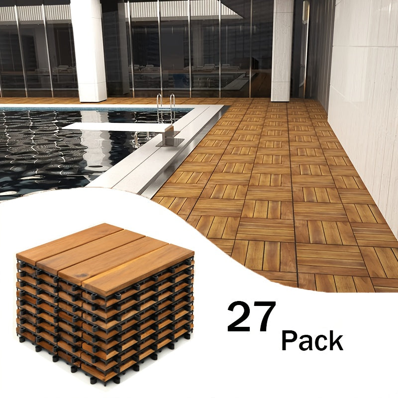 Solid Acacia Wood Interlocking Patio Deck Tiles 12"x12" – 10 or 27-Pack Waterproof Indoor Outdoor Flooring for Balcony Backyard Poolside Checkerboard Pattern